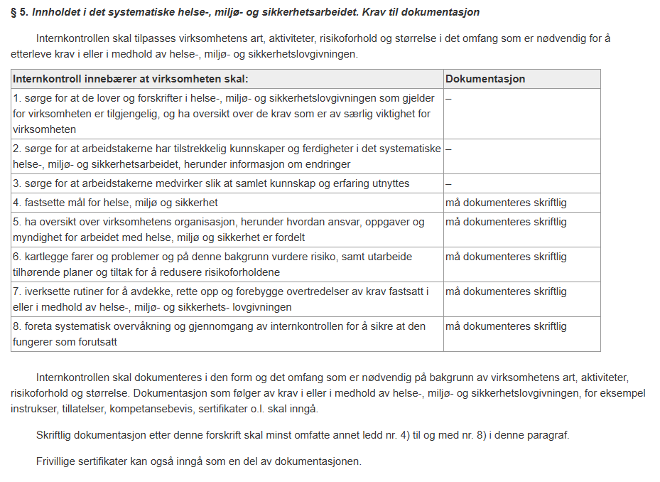 Internkontroll forskriften IK paragraf 5